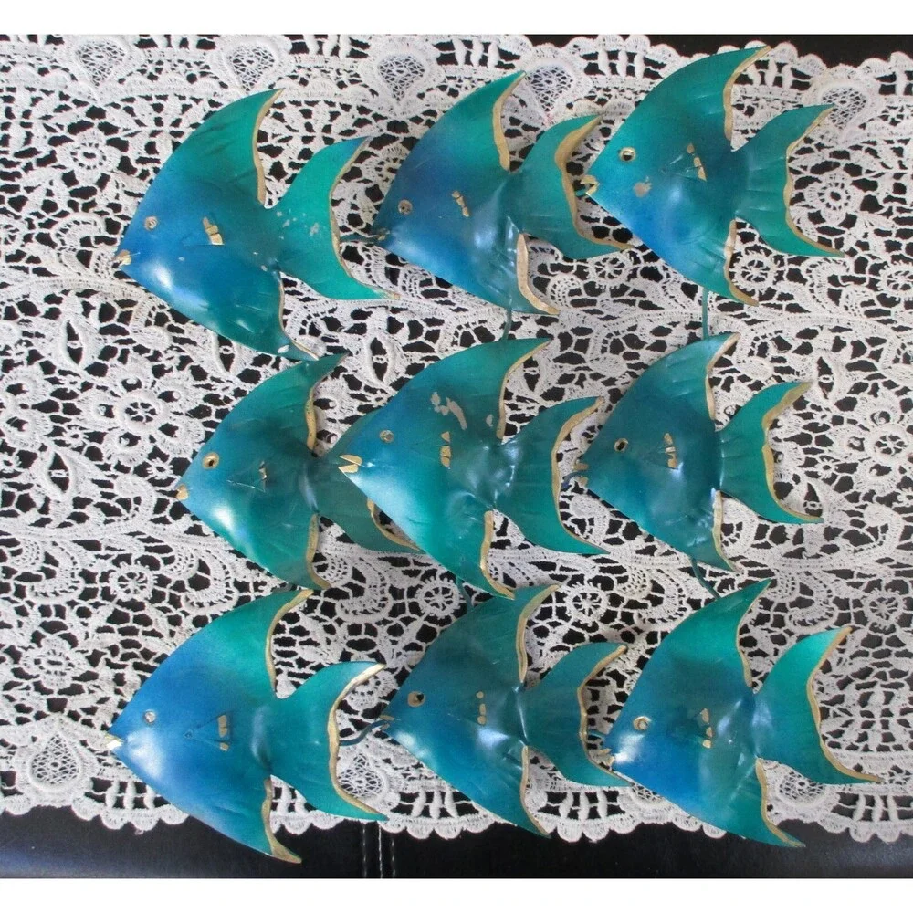 Metal Fish School Wall Hanging Turquoise Teal Blue Indoor Outdoor 10